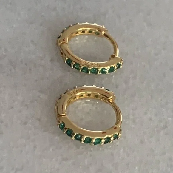 Gold Green Crystal Huggie Hoop Earrings - Picture 3 of 5